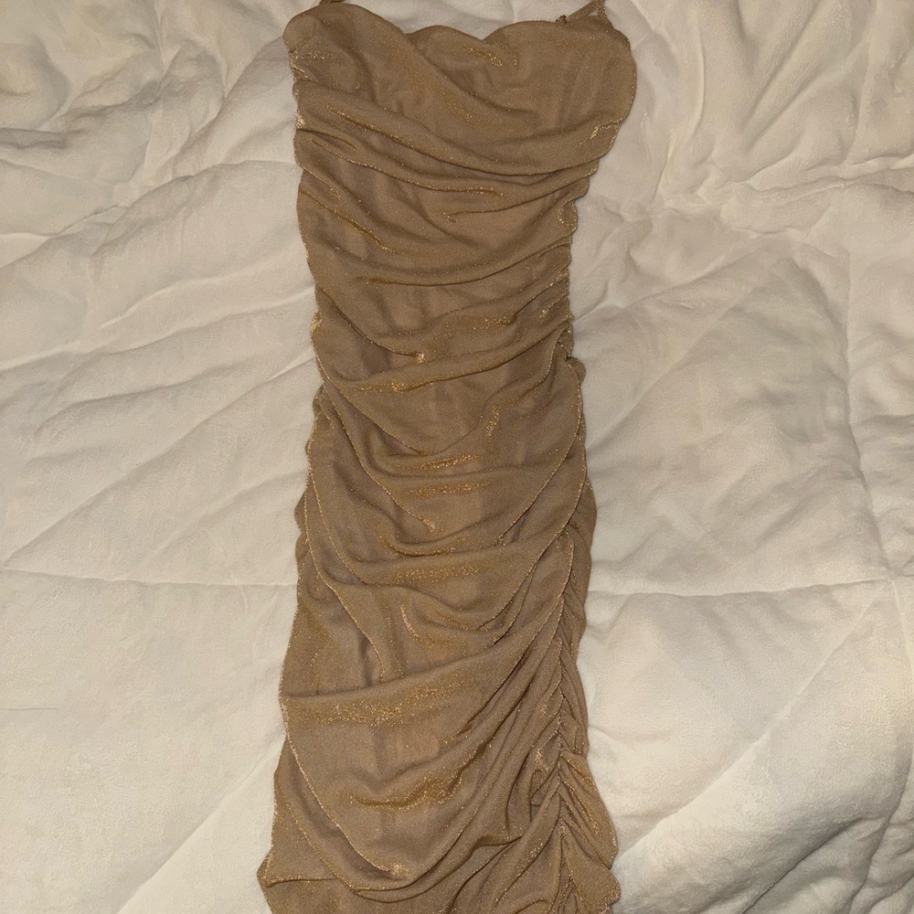 Ohpolly Gold sparkly ruched midi dress
